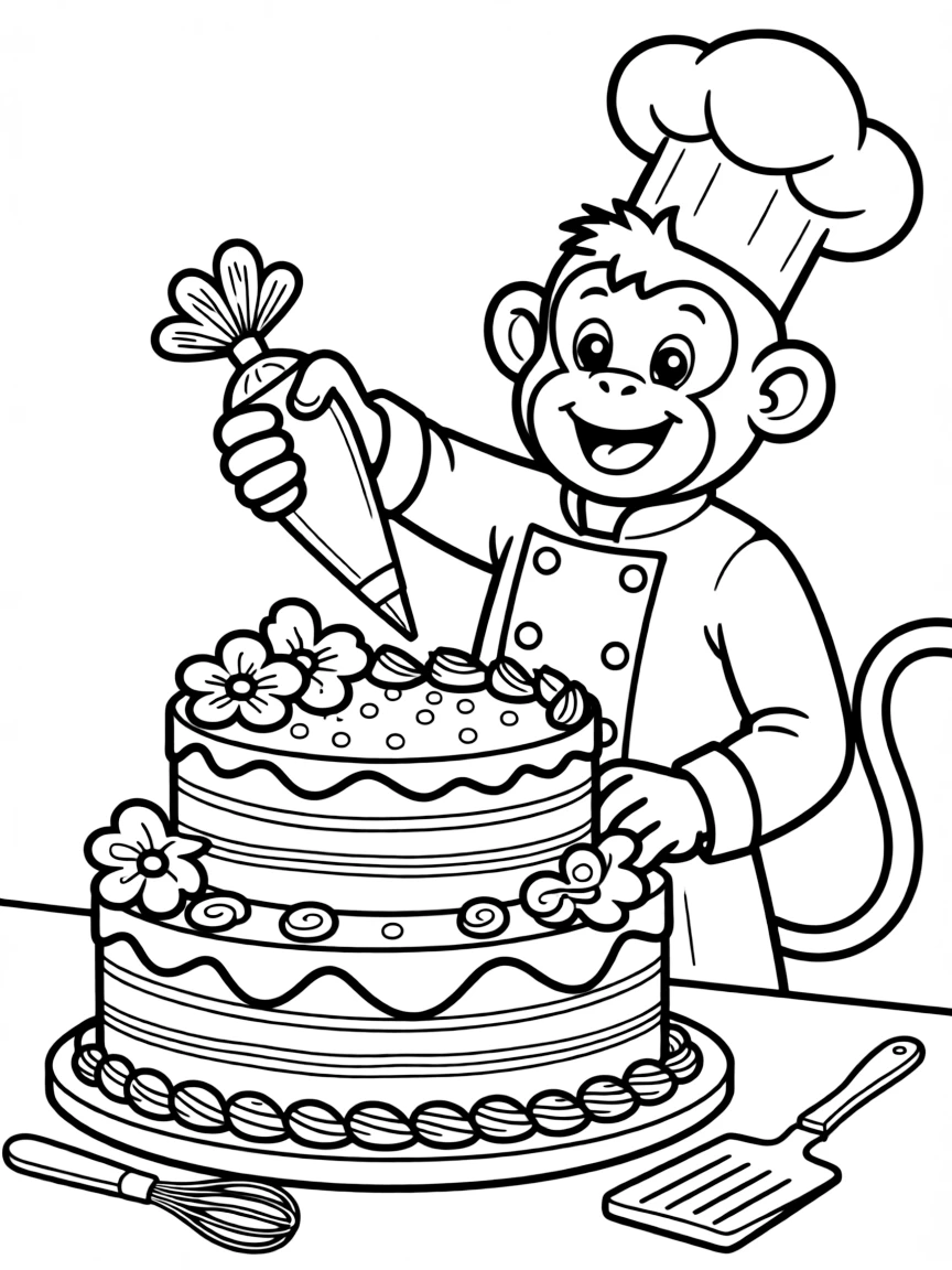 A monkey dressed as a chef, decorating a giant cake.