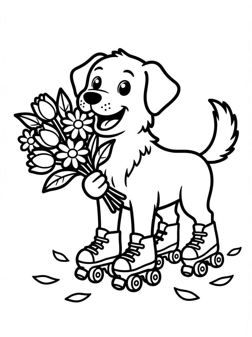 A dog wearing tiny roller skates, delivering flowers.