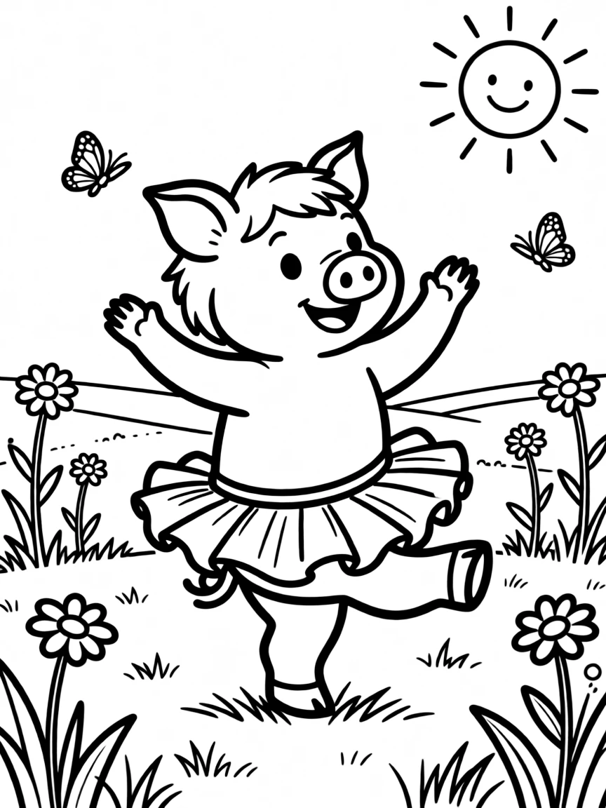 A pig wearing a tiny tutu, twirling in a field.