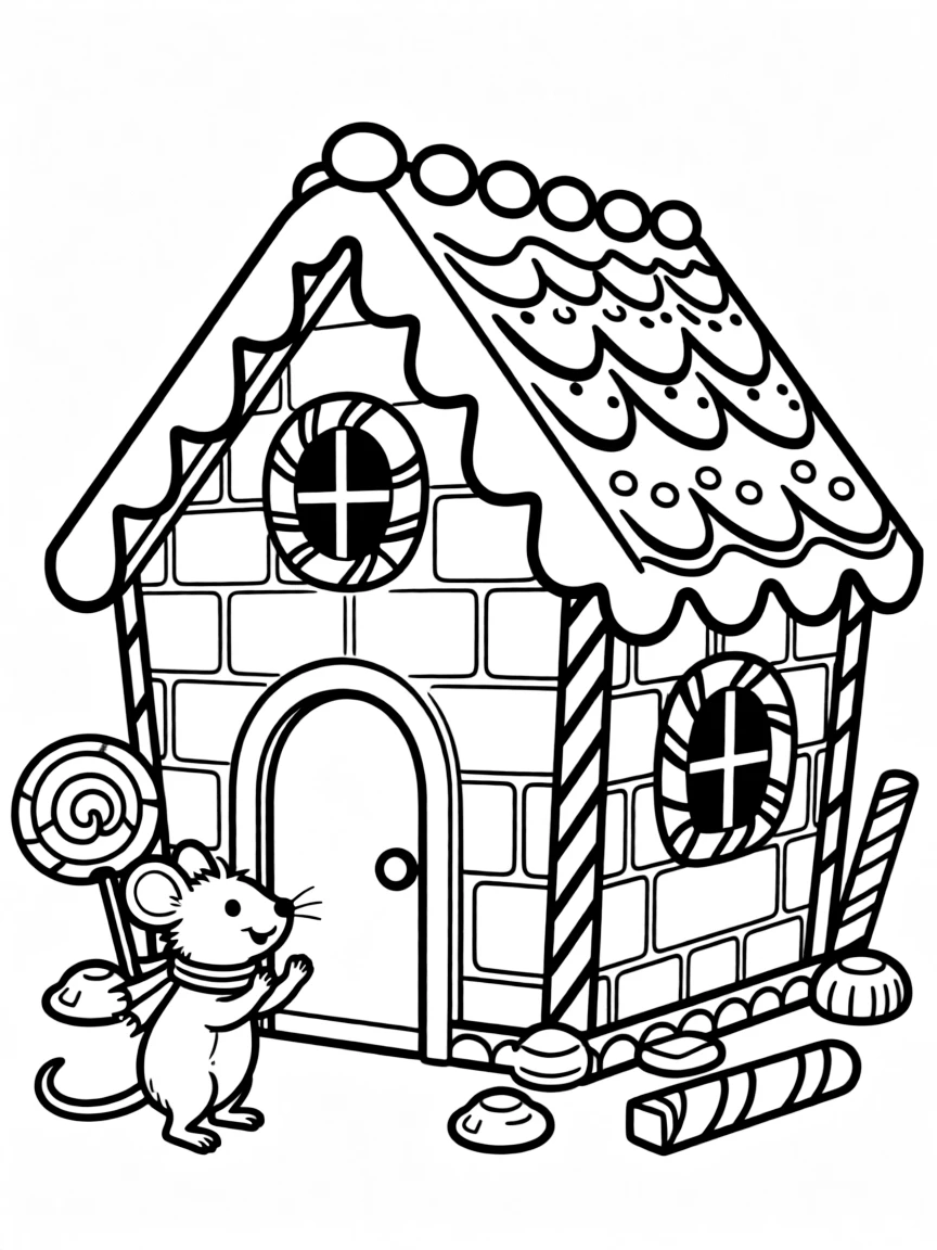 A rat exploring a giant, friendly gingerbread house.