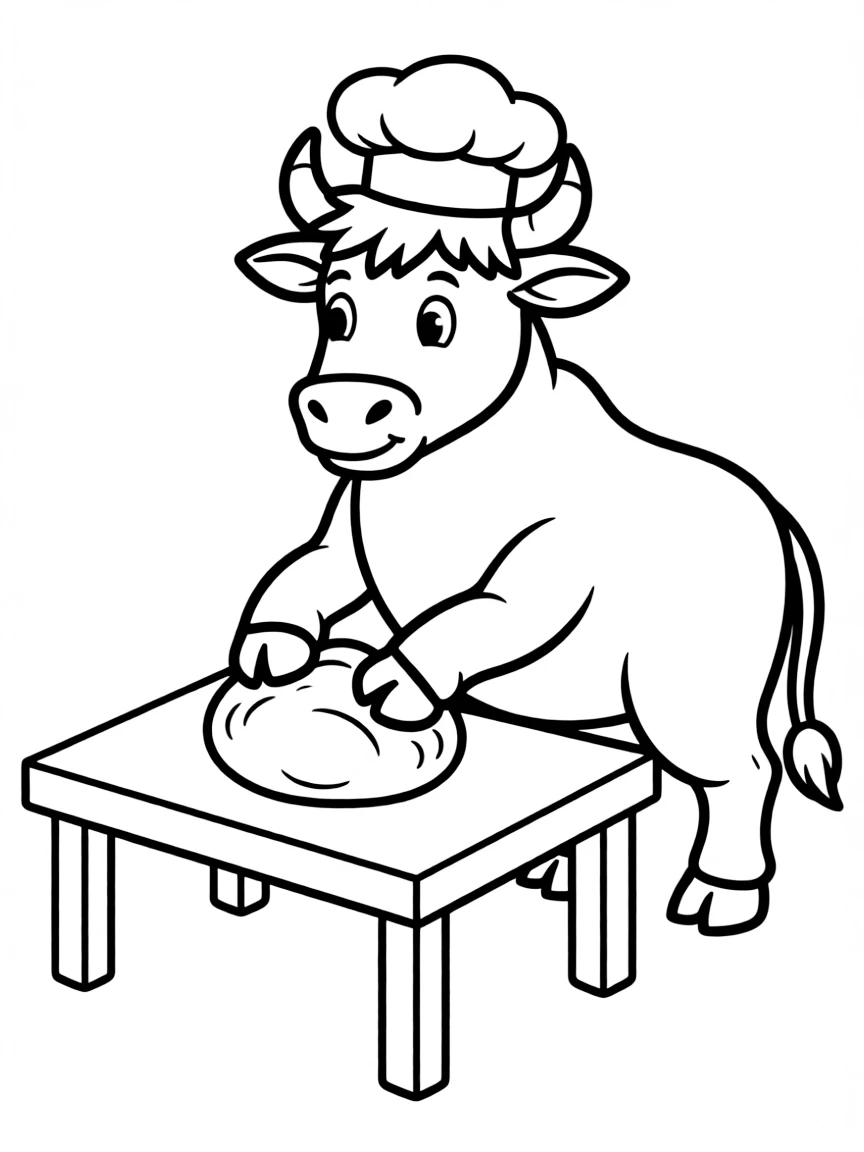 An ox wearing a tiny baker's hat, kneading dough.