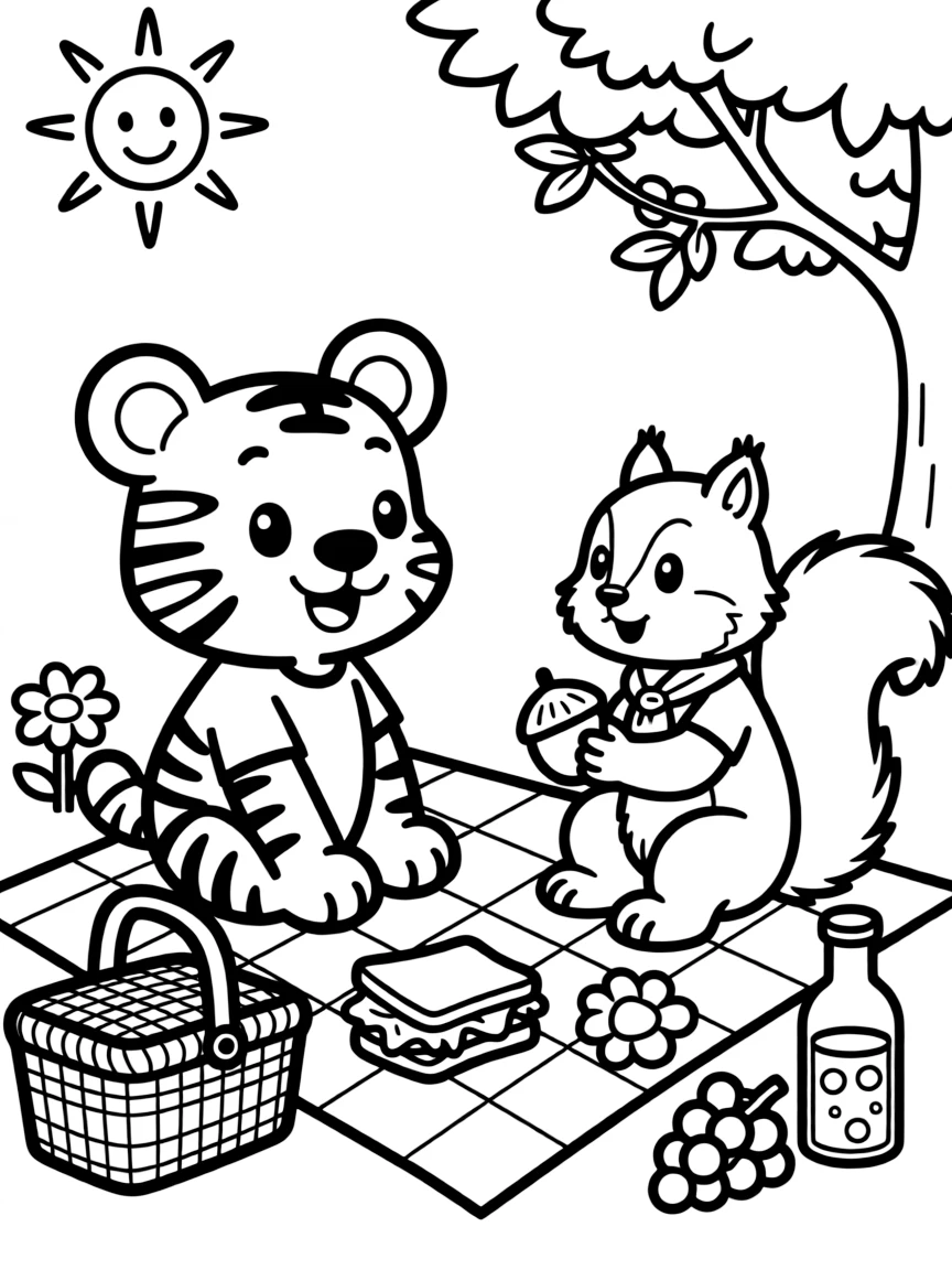 A tiger cub having a picnic with a friendly squirrel.