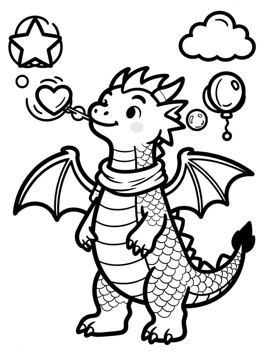A dragon blowing bubbles that form into shapes.