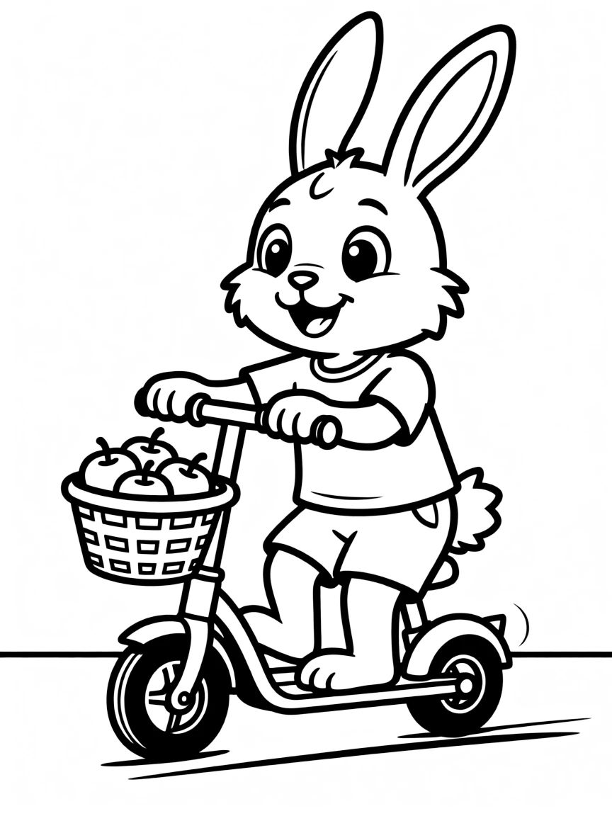 A rabbit riding a scooter, with a basket of apples.