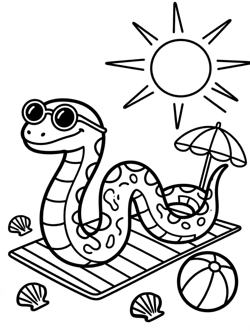A snake wearing tiny sunglasses, sunbathing.