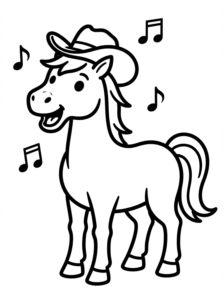 A horse wearing a tiny cowboy hat, singing a country song.