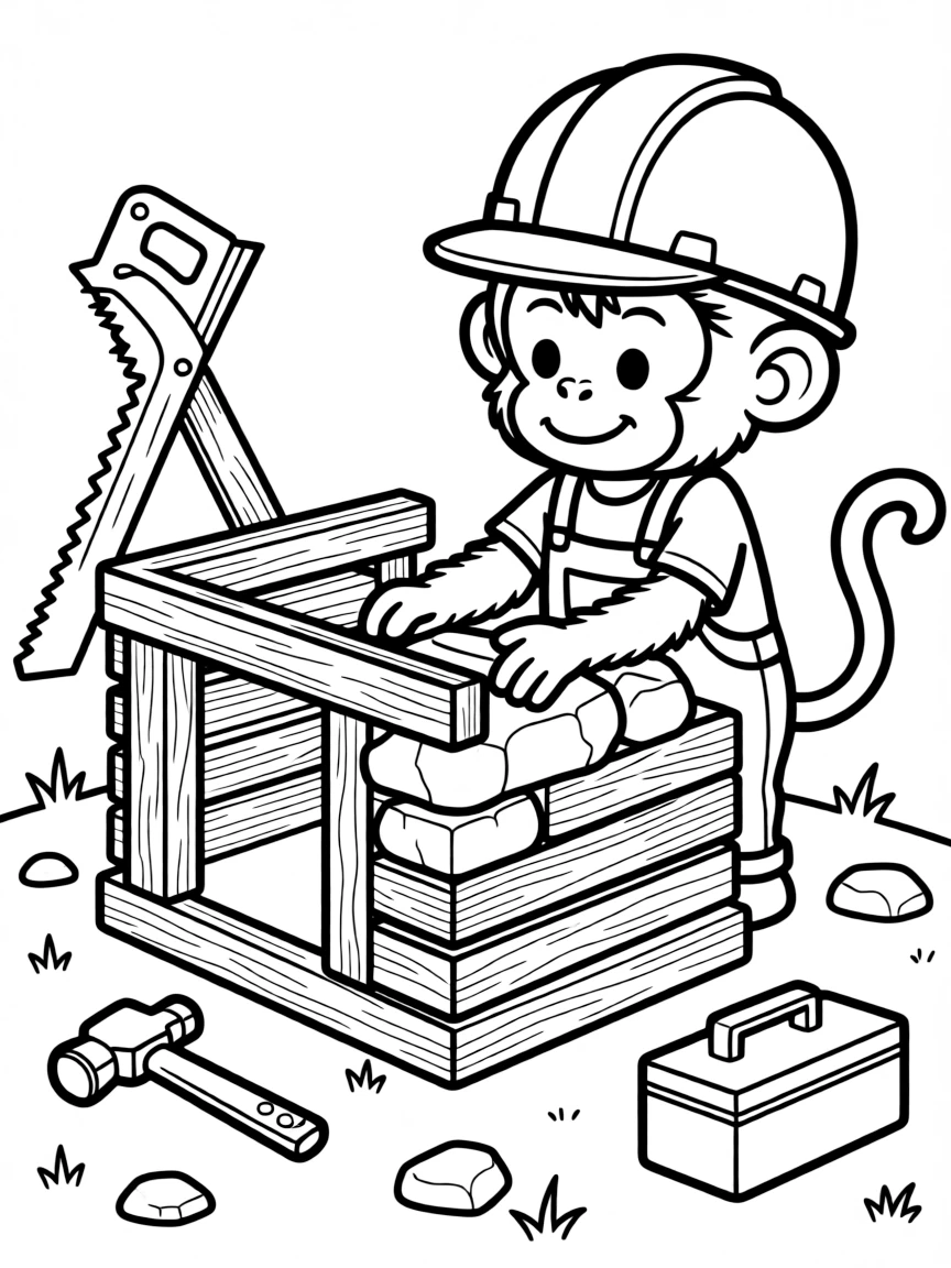 A monkey wearing a construction helmet, building a fort.