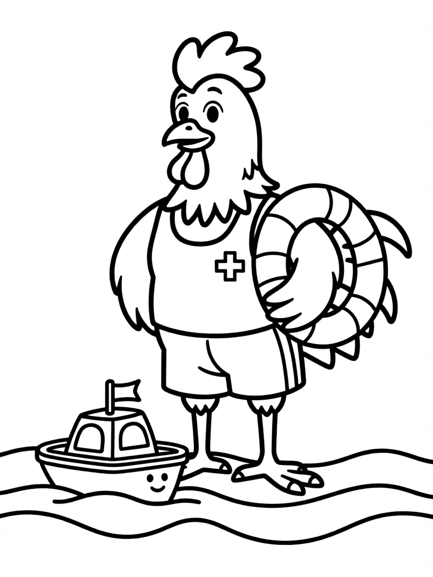 A rooster dressed as a lifeguard, saving a toy boat.