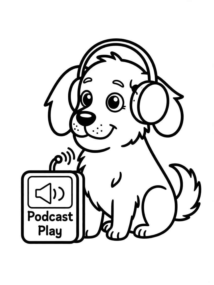 A dog wearing tiny earmuffs, listening to a podcast.