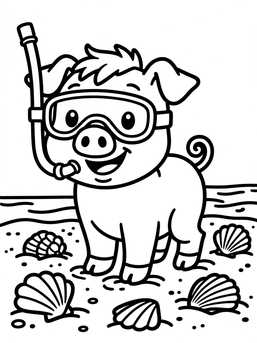 A pig wearing a tiny snorkel, finding shiny shells.