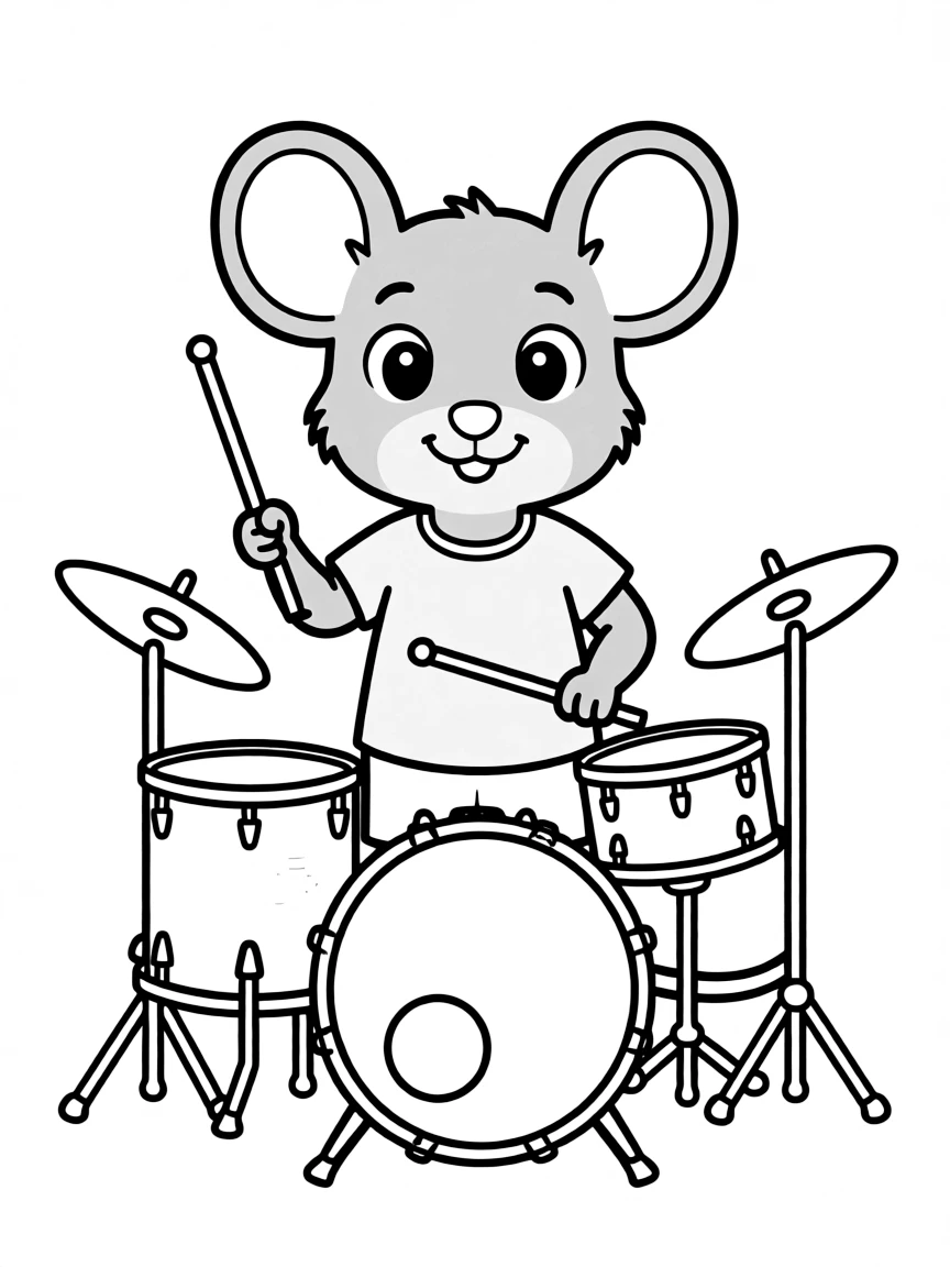 A rat playing a tiny drum set.