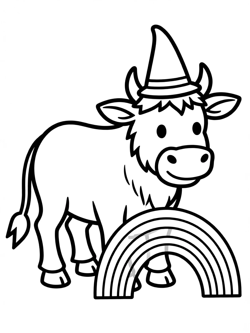 An ox wearing a tiny wizard's hat, making a tiny rainbow.