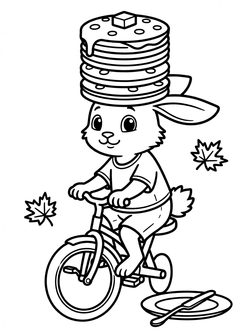 A rabbit riding a unicycle, balancing a stack of pancakes.