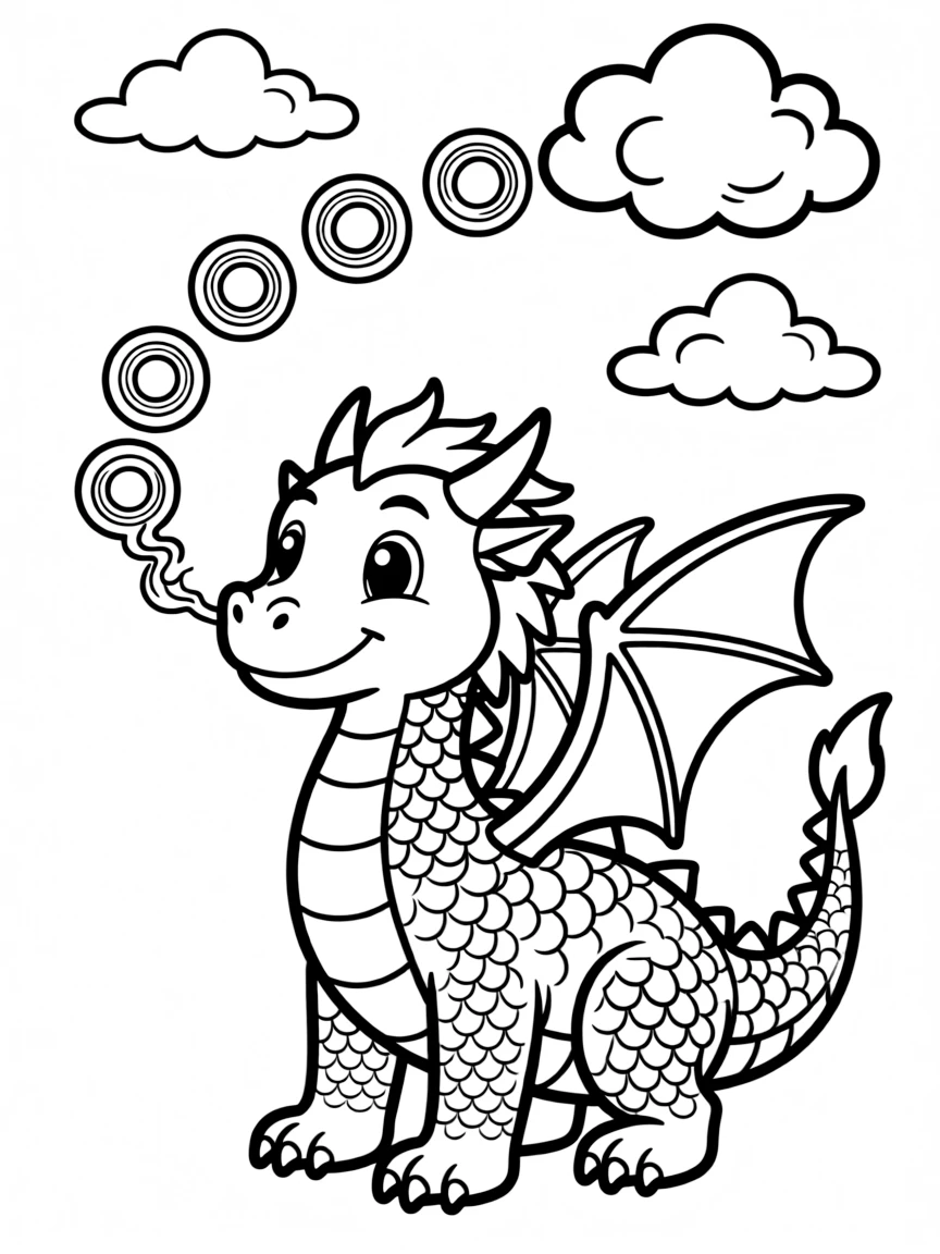 A dragon blowing smoke rings that turn into clouds.