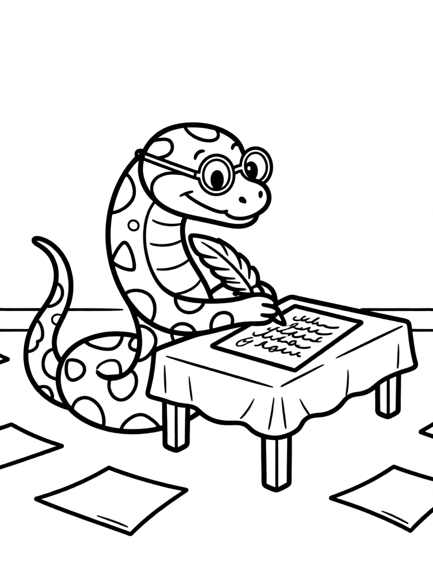 A snake wearing tiny spectacles, writing a letter.