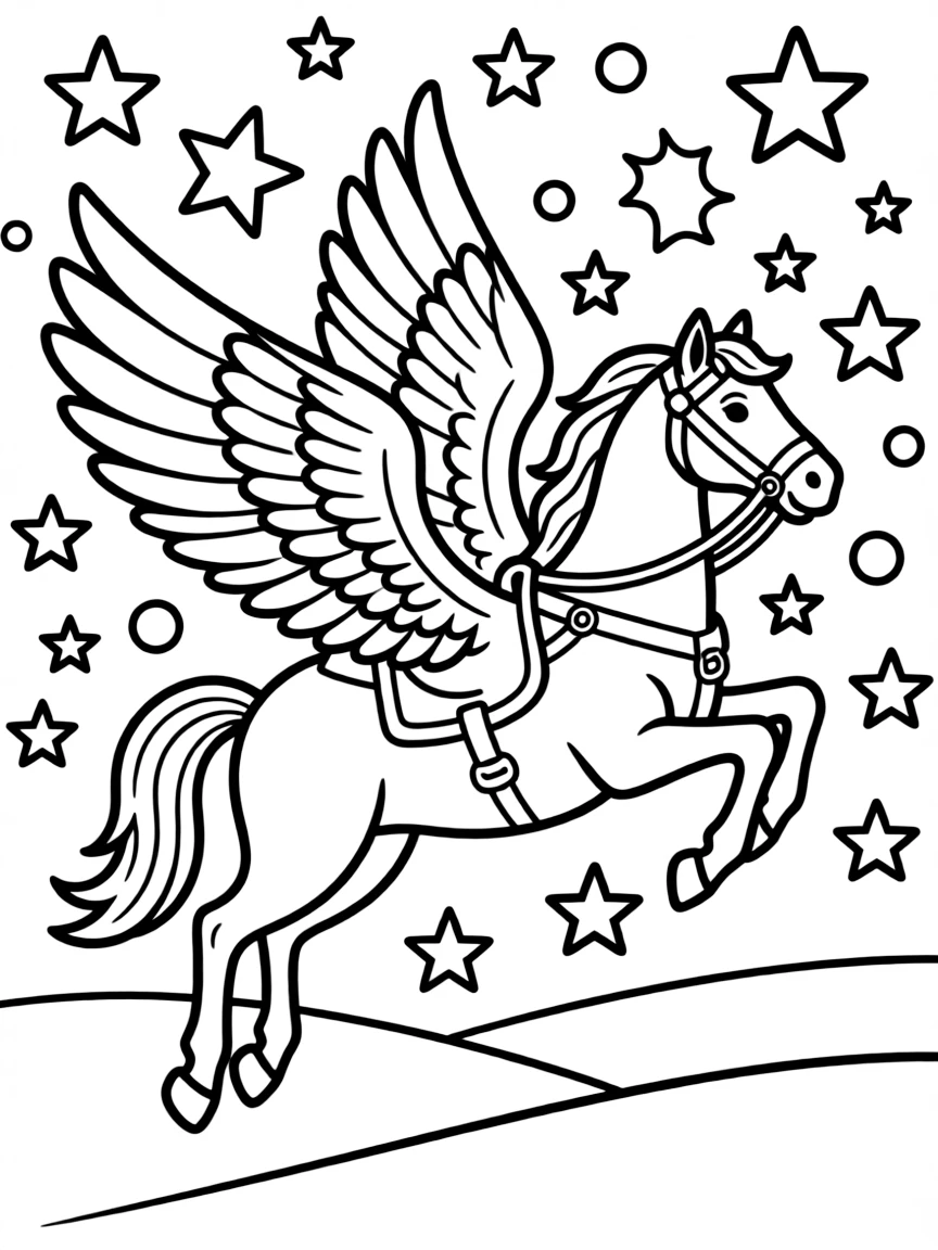 A horse with wings, flying through a field of stars.