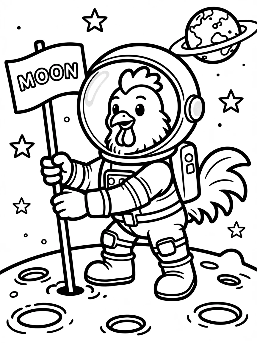 A rooster dressed as an astronaut, planting a flag on the moon.