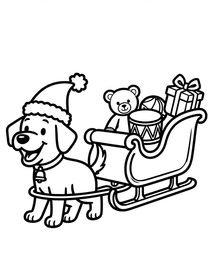 A dog wearing a tiny Santa hat, pulling a sleigh with toys.