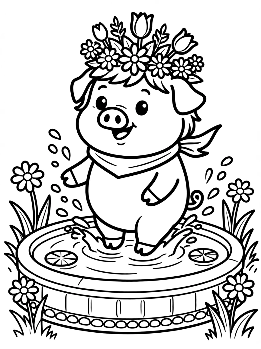 A pig wearing a crown of flowers, splashing in a fountain.