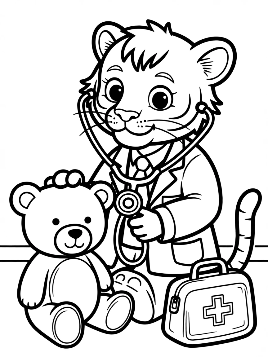 A tiger cub dressed as a doctor, listening to a toy's heart.