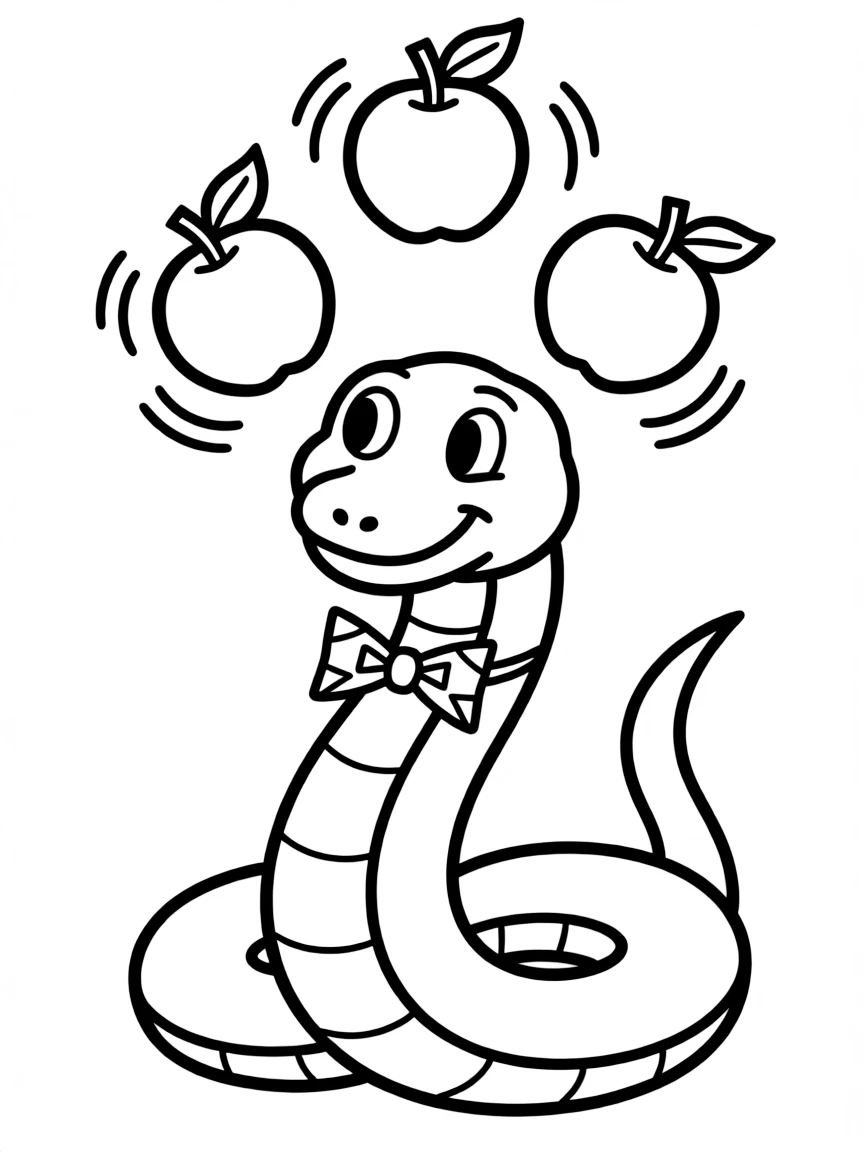 A snake wearing a tiny bow tie, juggling tiny apples.