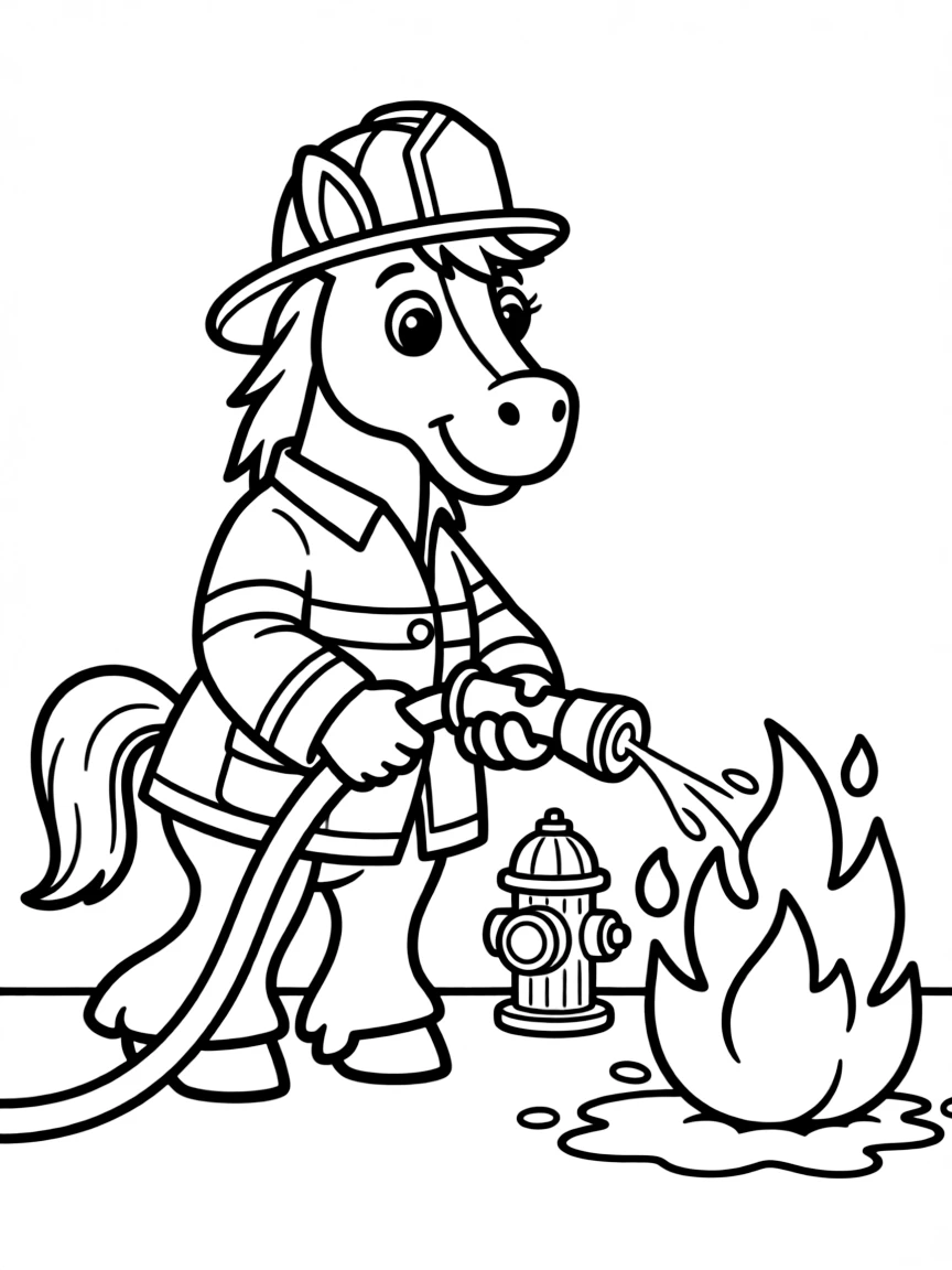 A horse dressed as a firefighter, putting out a pretend fire.