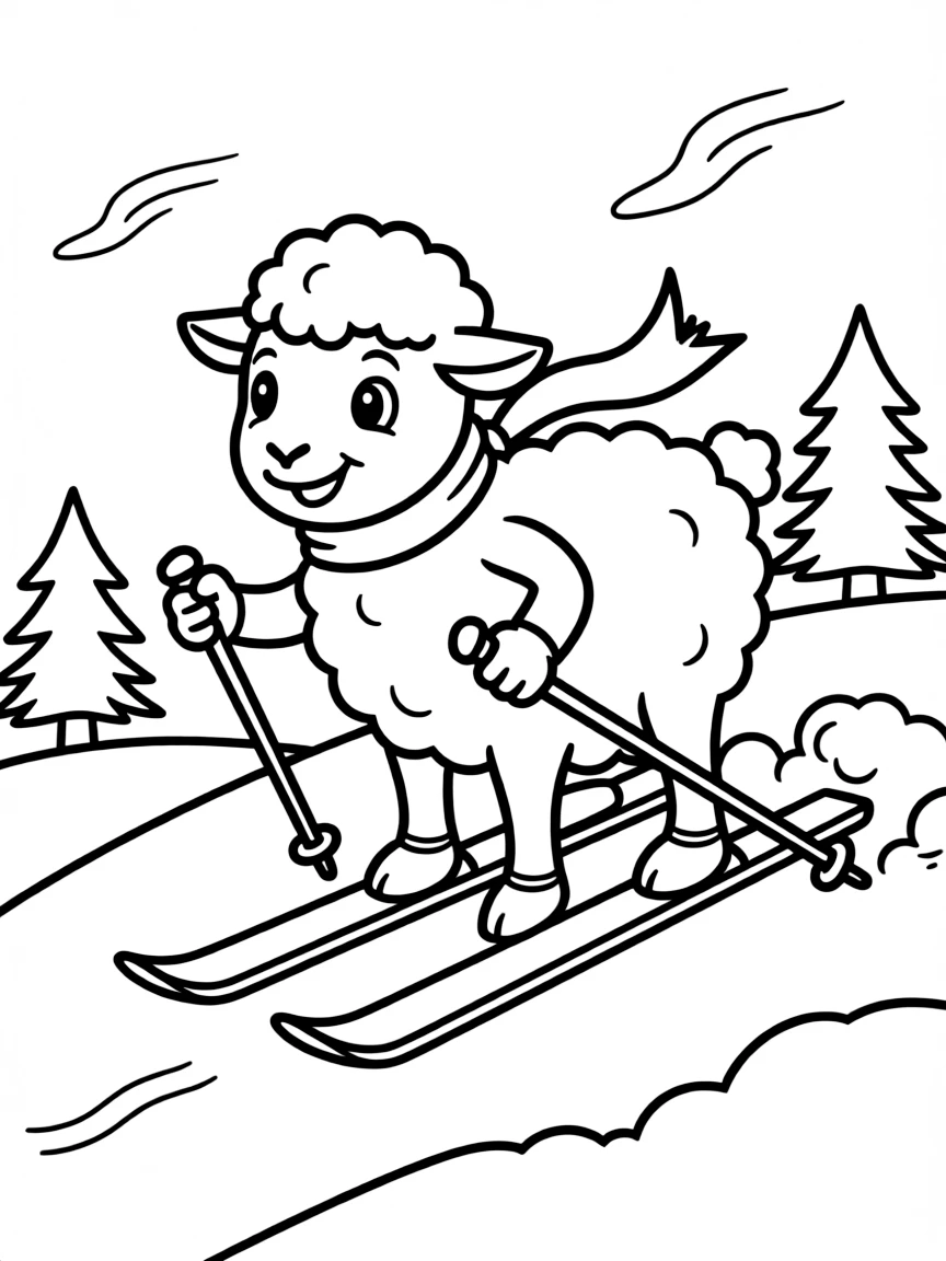 A sheep wearing a tiny scarf, skiing down a snowy hill.