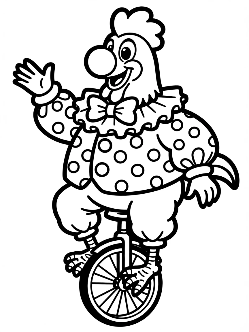 A rooster dressed as a clown, riding a tiny unicycle.