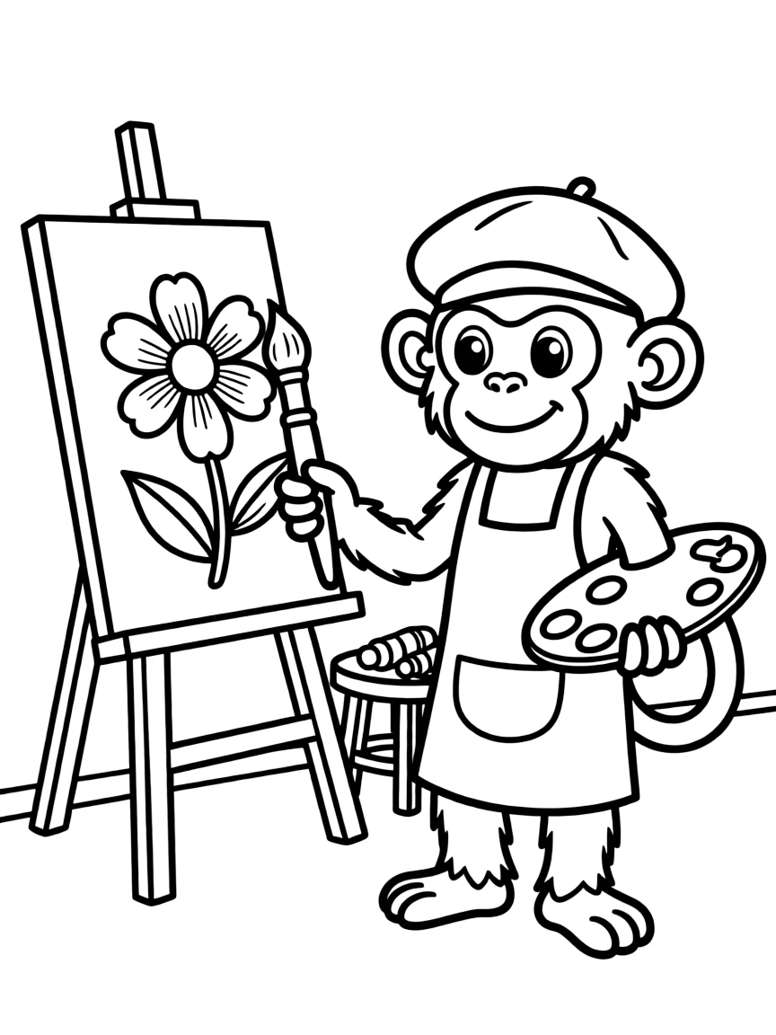 A monkey dressed as a painter, painting a portrait of a flower.