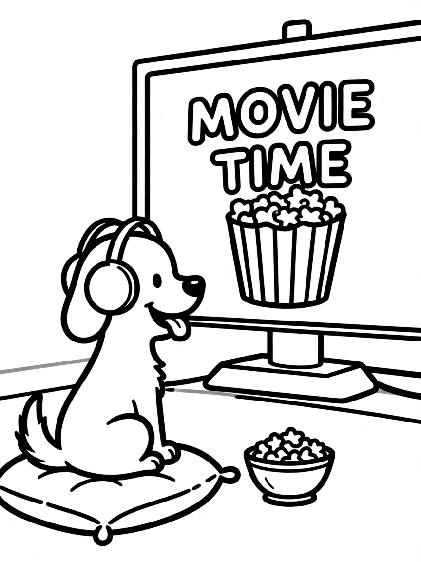 A dog wearing tiny earmuffs, watching a movie.