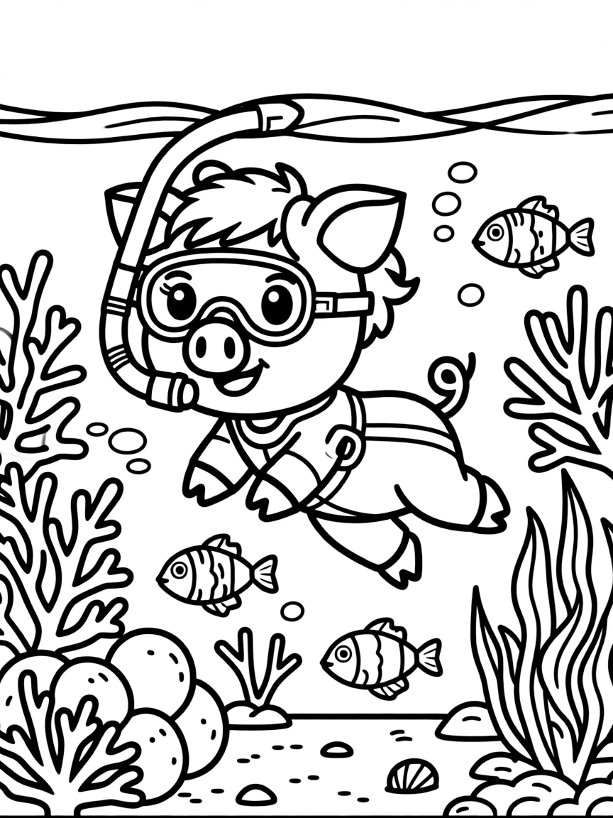 A pig wearing a tiny snorkel, exploring a coral reef.