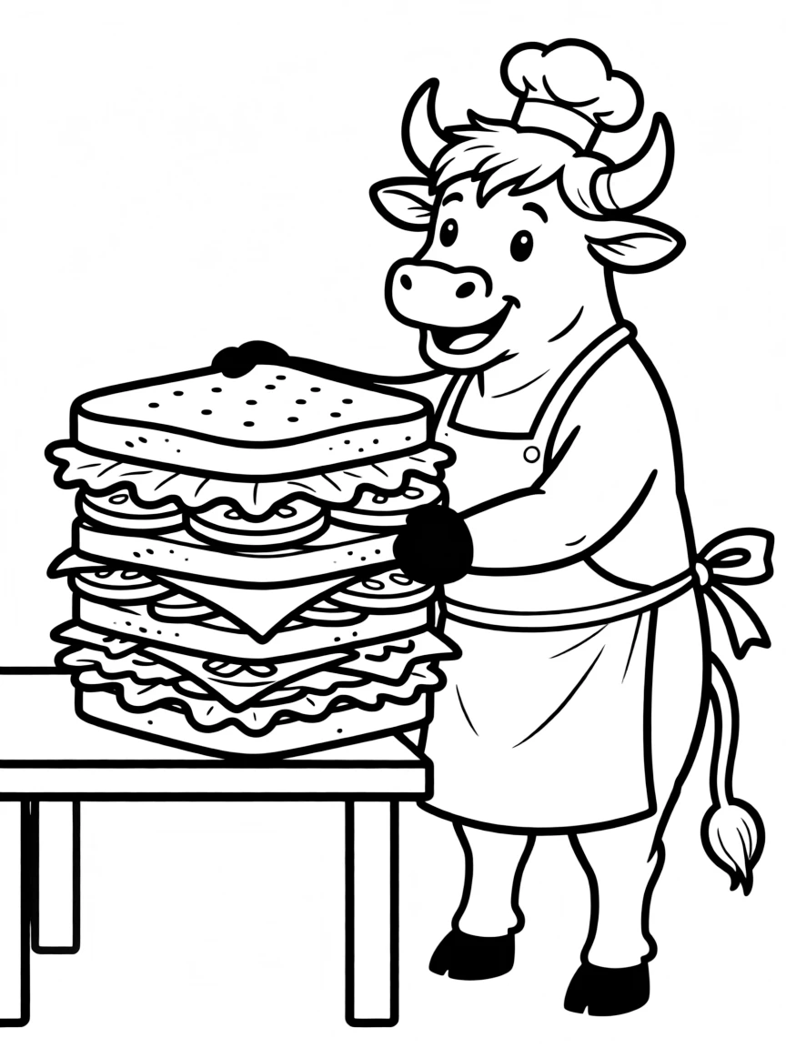 An ox wearing a tiny chef's hat, making giant sandwiches.