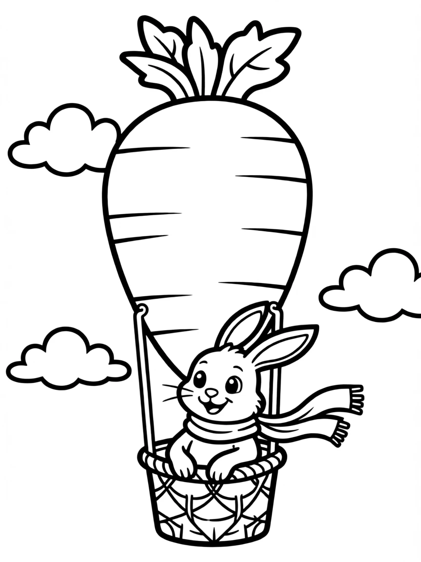 A rabbit riding a hot air balloon shaped like a carrot.