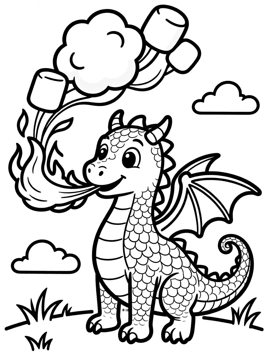 A dragon blowing fire that turns into marshmallows.