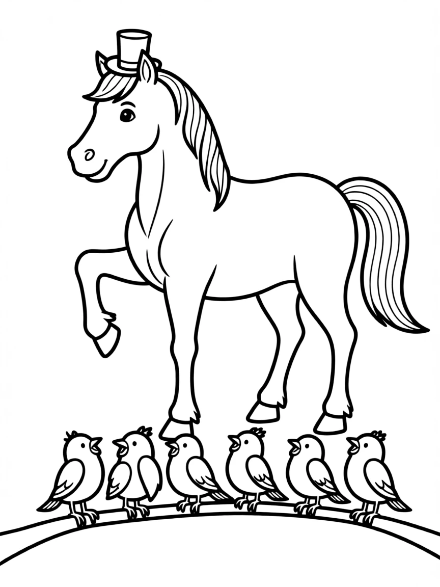 A horse wearing a tiny top hat, directing a choir of birds.