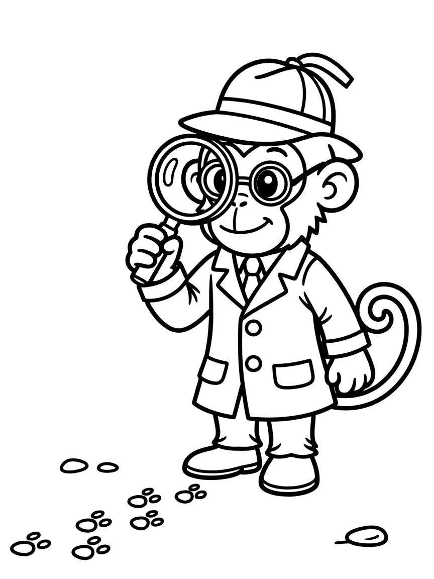 A monkey dressed as a detective, following tiny footprints.