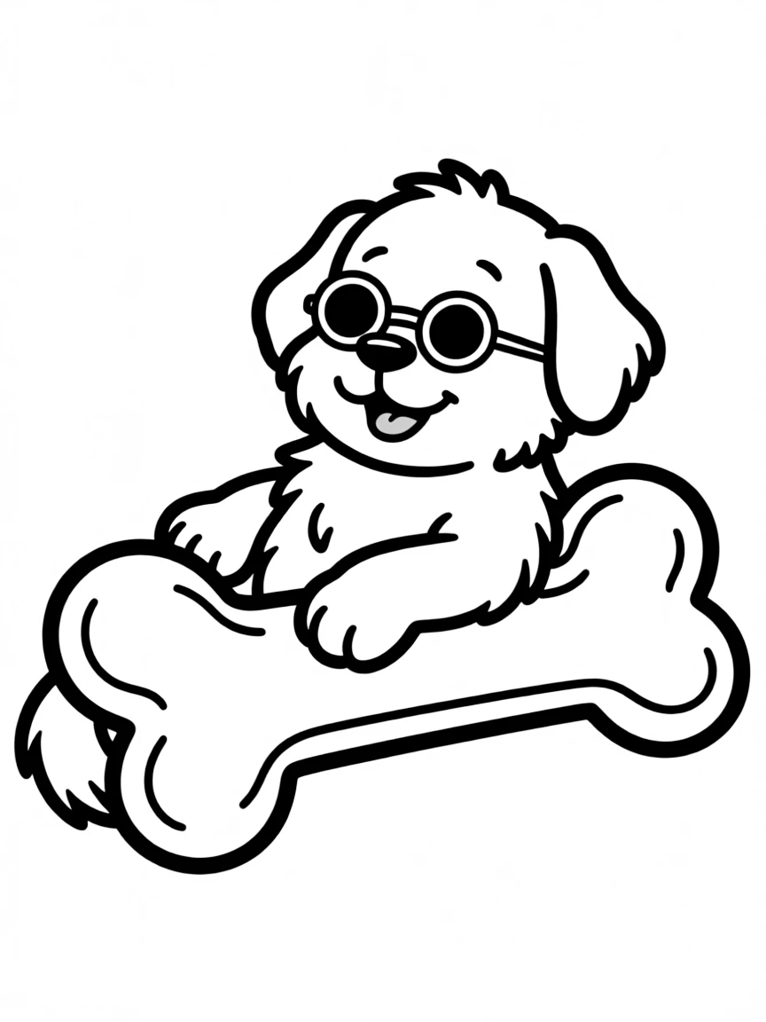 A dog wearing tiny sunglasses, lounging by a giant bone.
