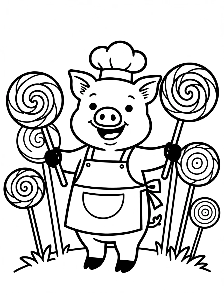 A pig wearing a tiny chef's hat, serving giant lollipops.
