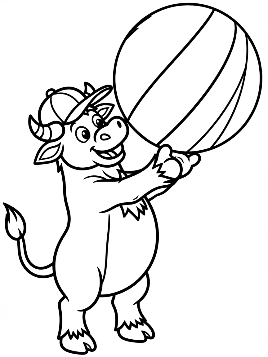 An ox wearing a tiny baseball cap, catching a giant ball.