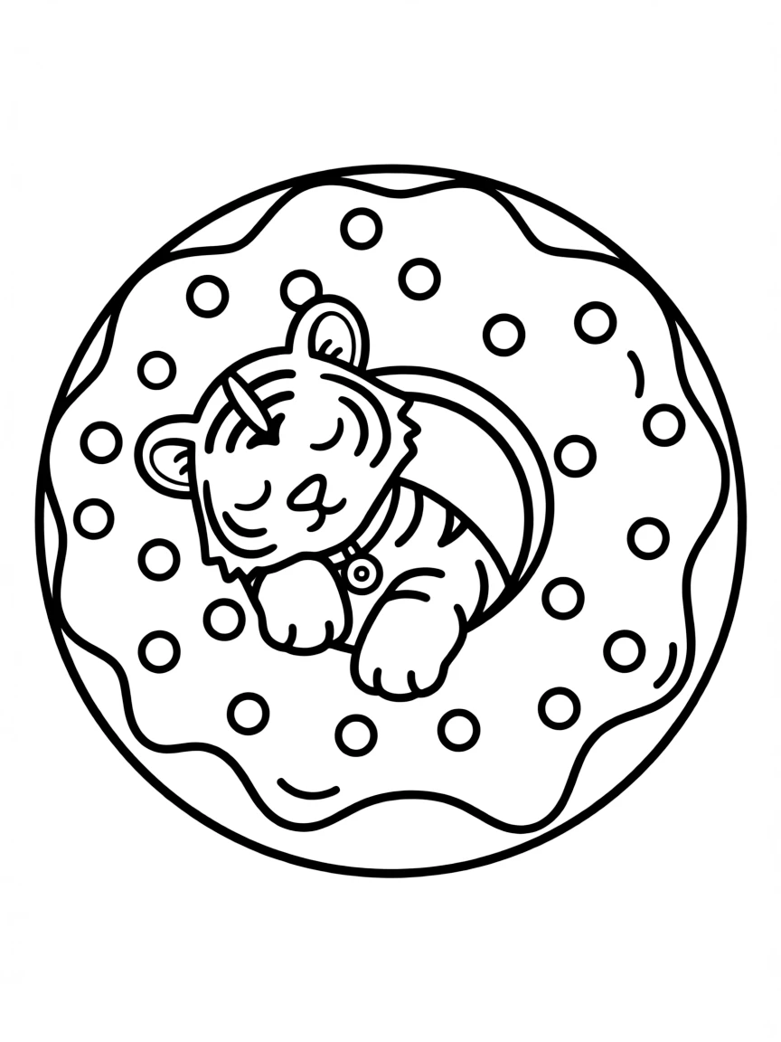A tiger cub napping in a giant, fluffy donut.