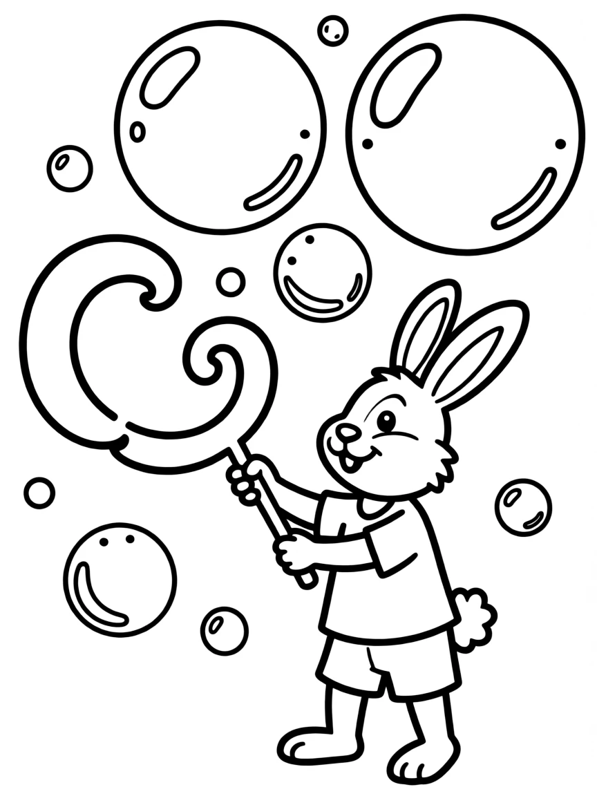 A rabbit holding a giant bubble wand, blowing huge bubbles.