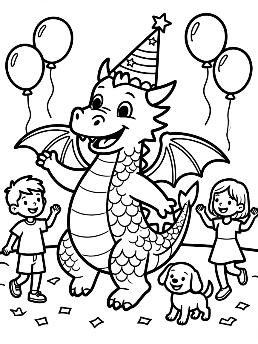 A dragon wearing a party hat, dancing with friends.