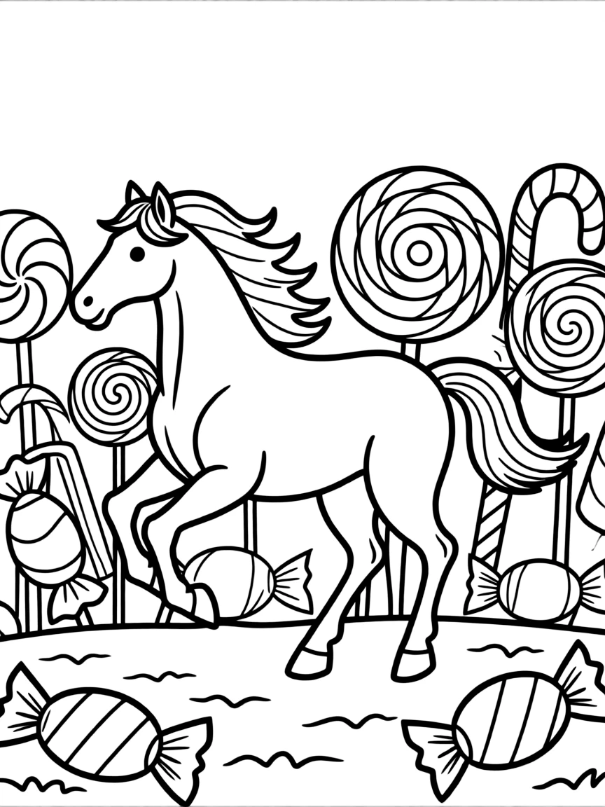 A horse with a flowing mane, running through a field of candy.