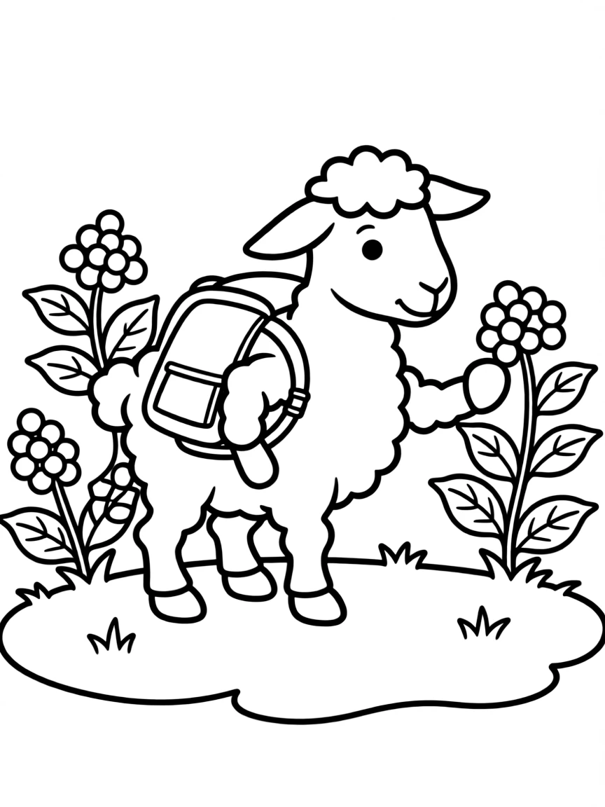 A sheep wearing a tiny backpack, collecting berries.