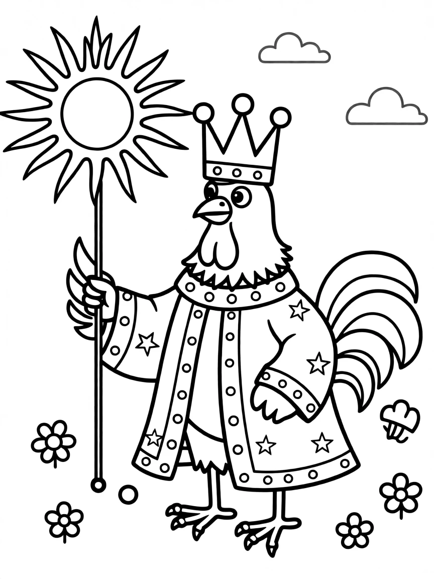 A rooster dressed as a king, holding a scepter of sunshine.