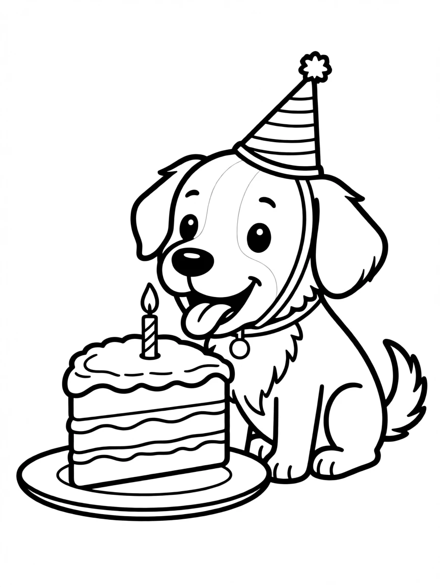 A dog wearing a tiny birthday hat, eating a cake.