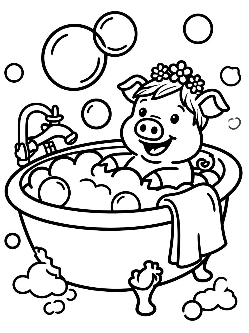 A pig wearing a tiny crown of flowers, enjoying a giant bubble bath.