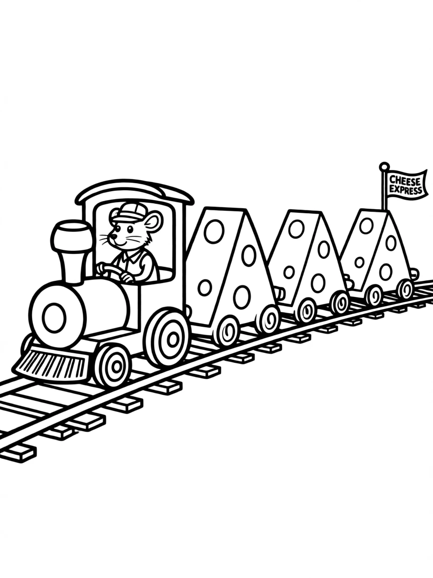 A rat driving a tiny train with cheese carriages.