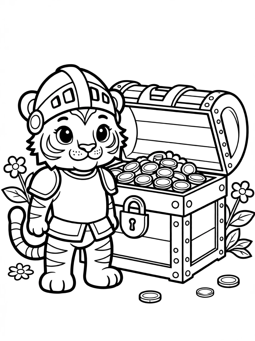 A tiger cub dressed as a knight, guarding a treasure chest.