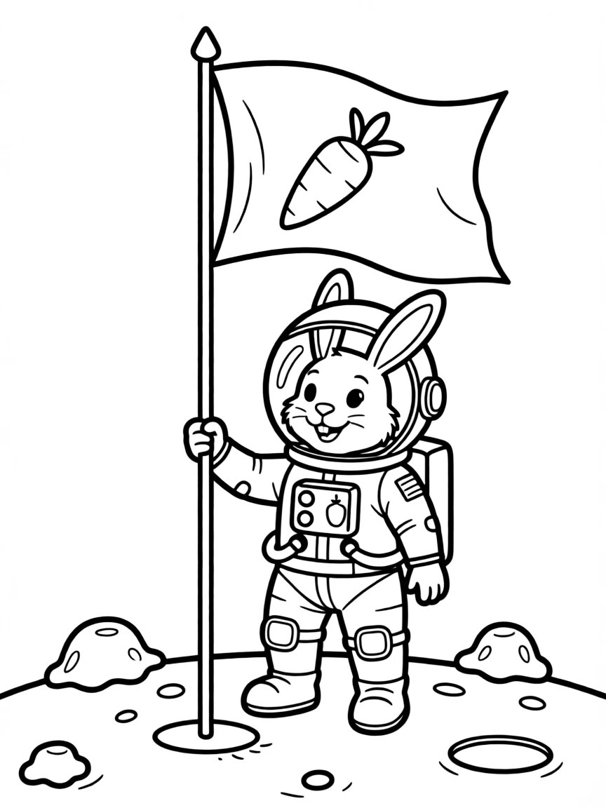 A rabbit dressed as an astronaut, planting a carrot flag on the moon.